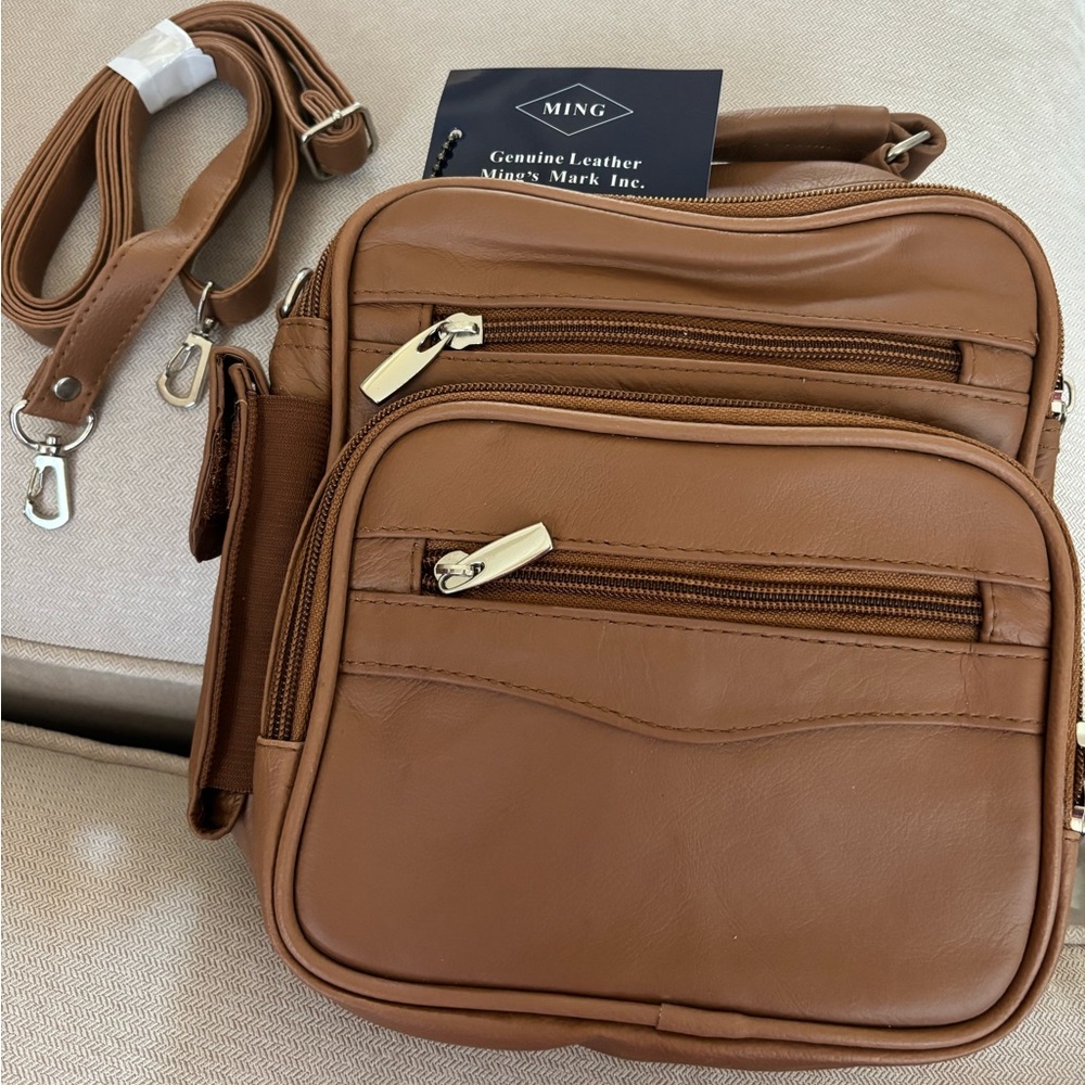 Ing Tan Leather Messenger Bag with Gold Hardware
